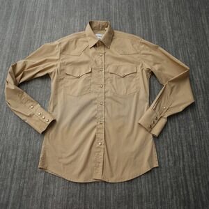 Ace of Diamond Western Shirt Men Tan Pearl Snap Long Sleeve Solid Pockets Small